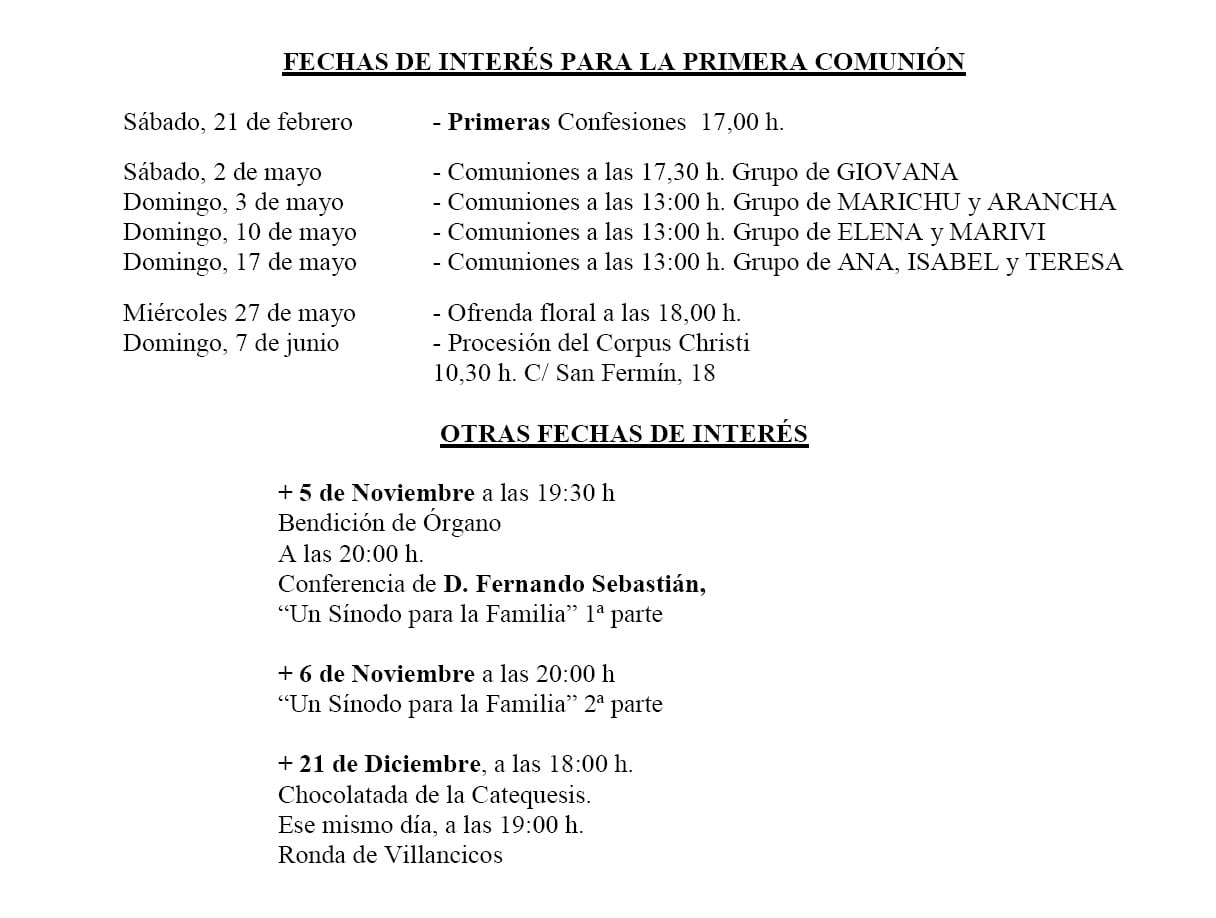 FECHAS DE INTERES PRIMERA COMUNIÓN