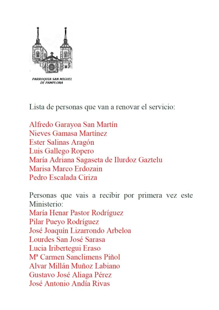 Lista de personas Ministros extraordinarias Comunion 18-01-2015